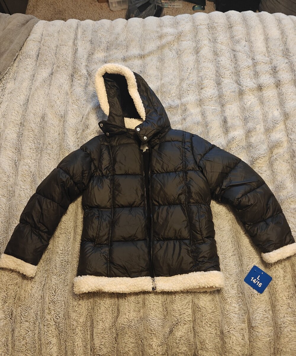 Sam Edelman Black Puffer Jacket with Cream Sherpa Trim